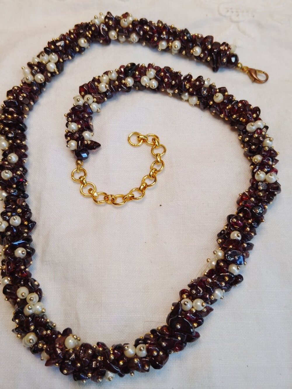 Vintage Garnet Chip Statement Necklace • Woven Strand • 18" + 2"